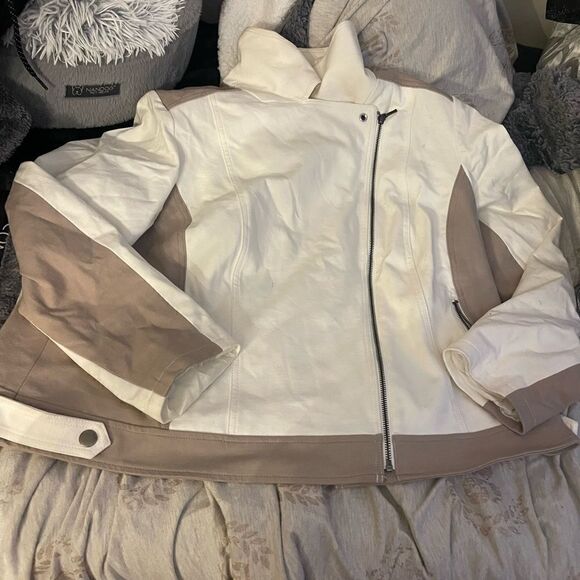 Inc women tan/white natural moto jacket/coat zip up plus size 2xl - Picture 1 of 9